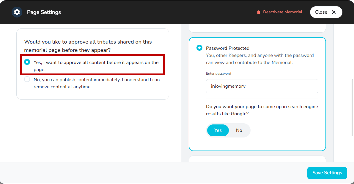 Toggle to require approval before content appears