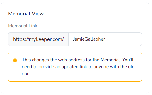 Champ pour personnaliser l'identifiant URL du mémorial