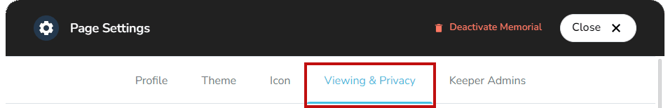 Viewing & Privacy tab where the memorial URL can be edited