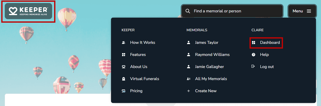 Dashboard navigation menu