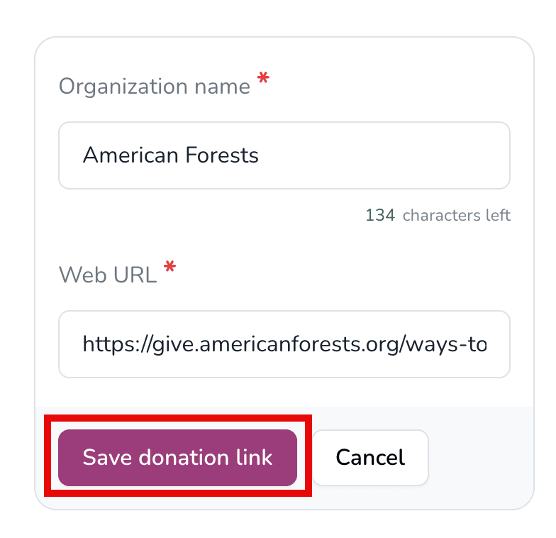 Save custom donation link button
