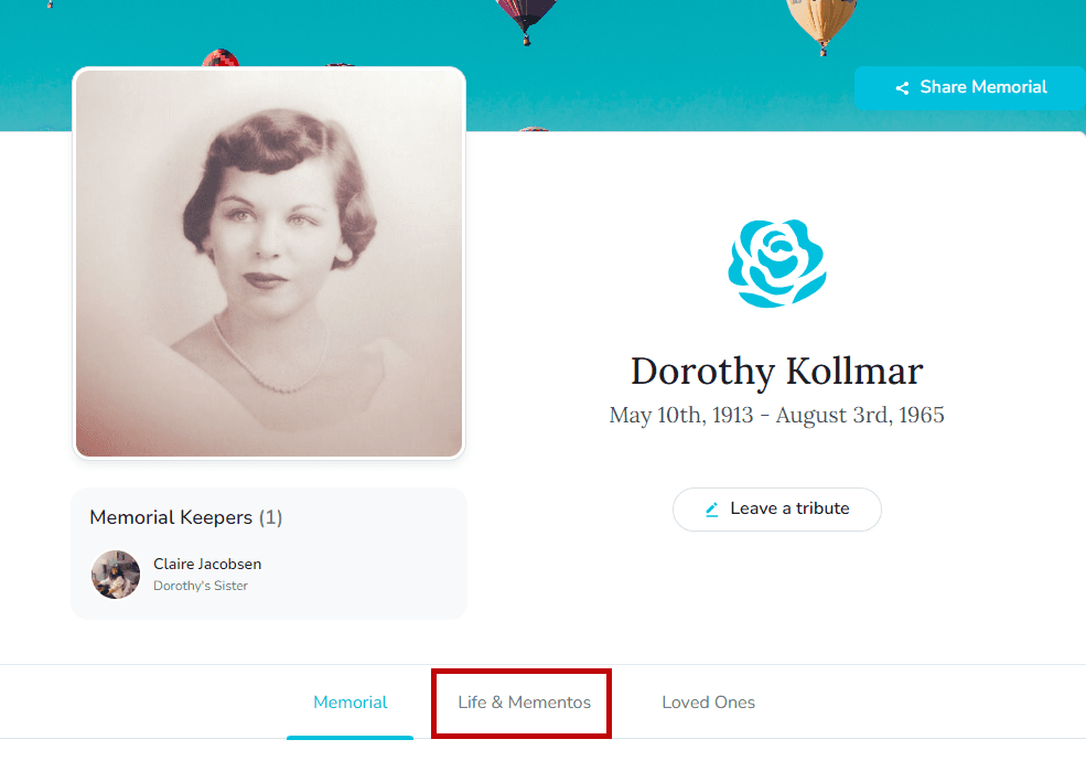 Onglet Vie et souvenirs avec la bibliothèque de souvenirs