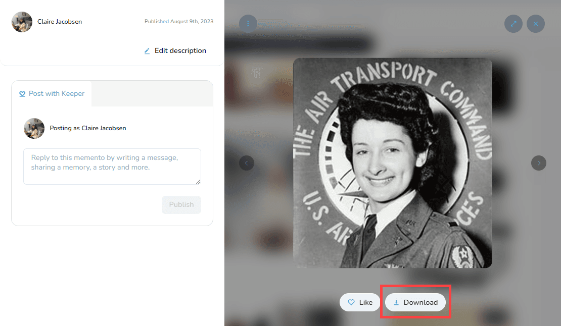 Download button for mementos on desktop