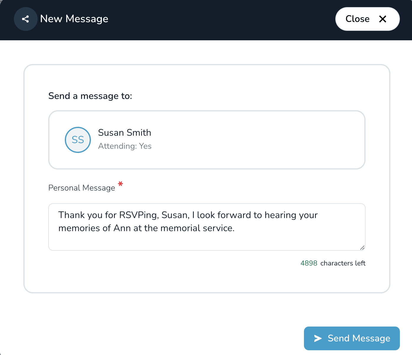 Send message button for event guests