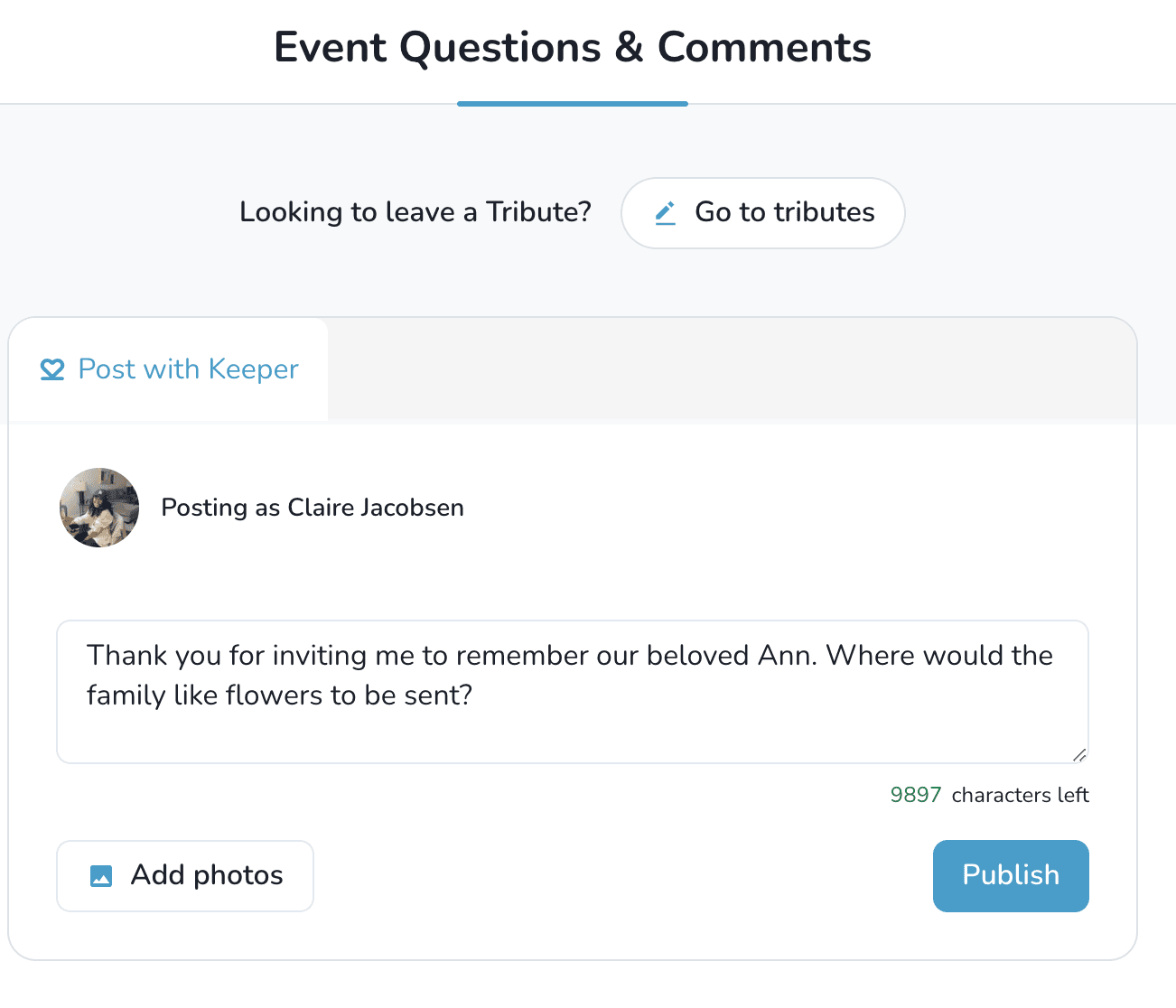 Event question form with text field