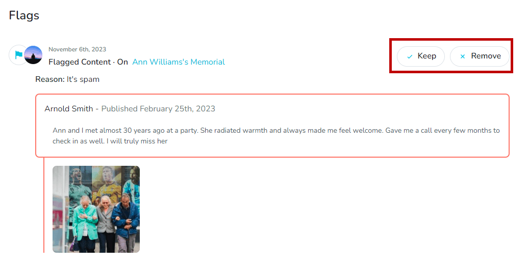 Flag moderation actions on a memorial