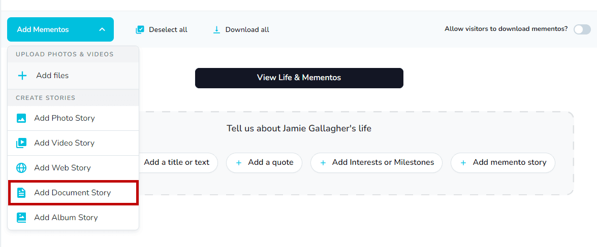Selecting the Document Story template