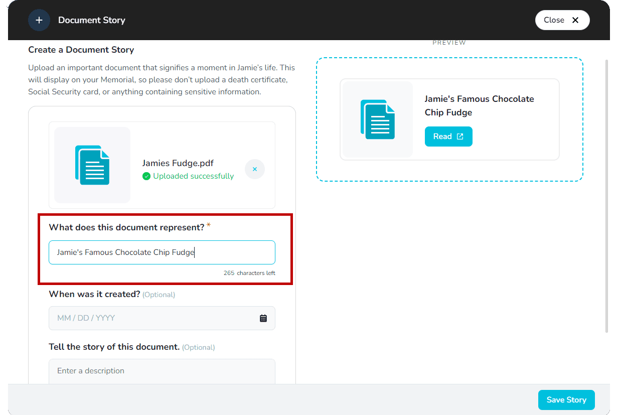 Add a title to the document story