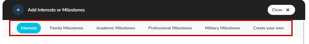 Select an interests or milestones category