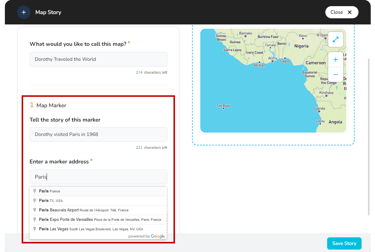 Add a pin to the map story