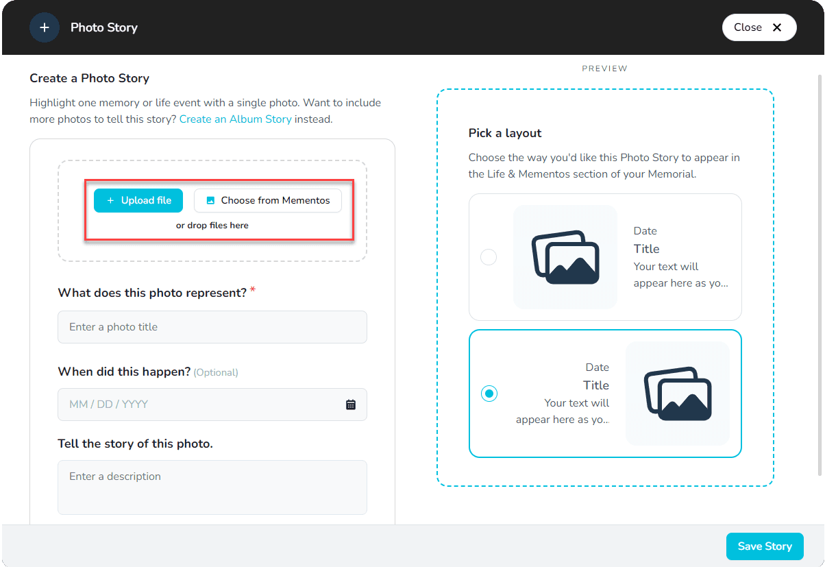 Choisir une photo pour l'histoire