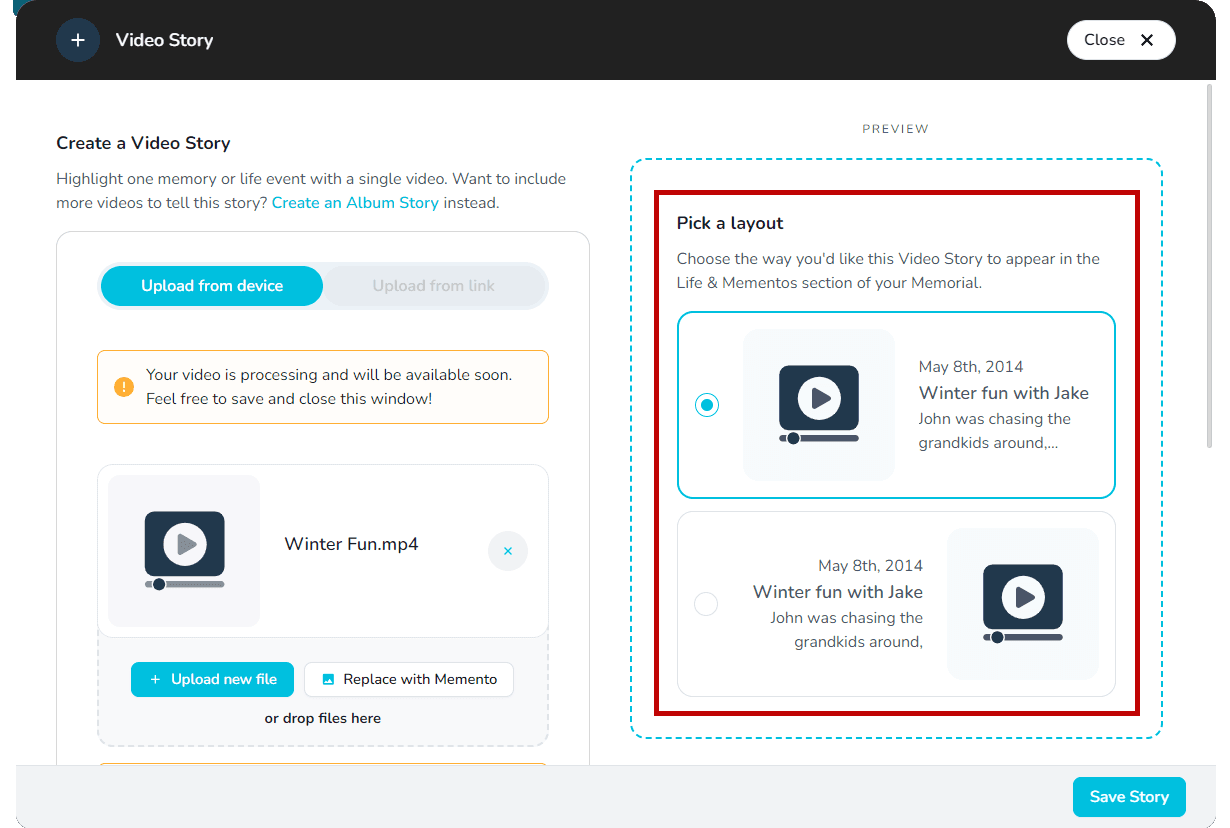Choose the Video Story layout