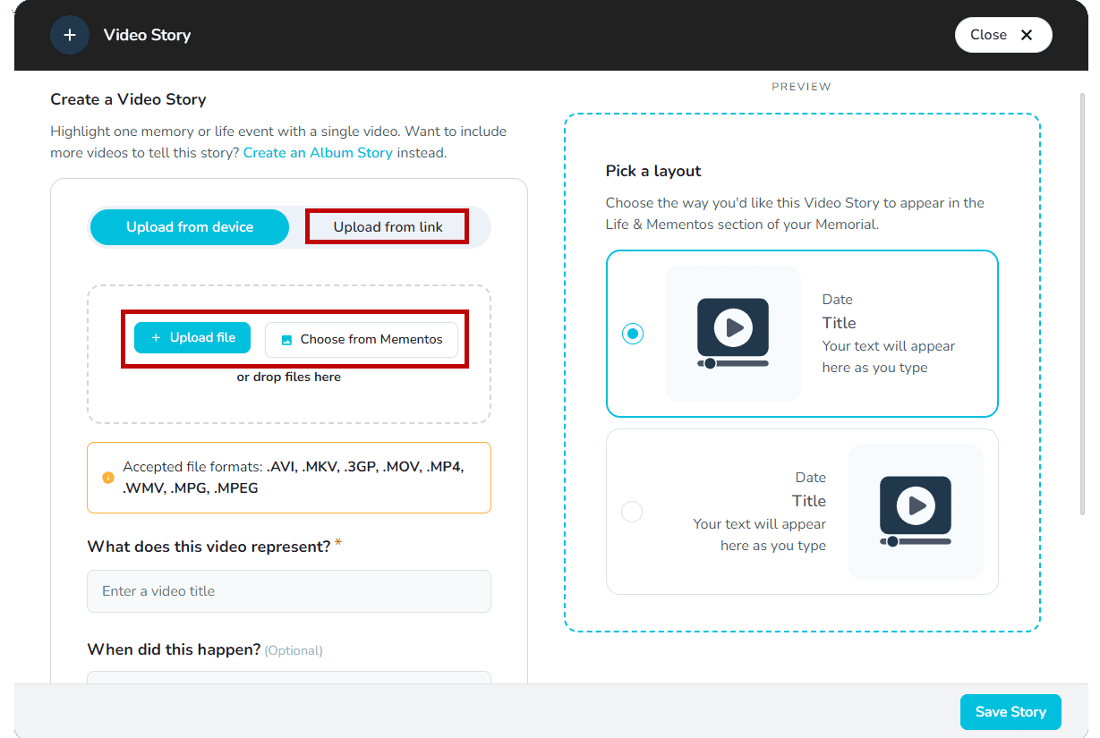 Video source options for a story