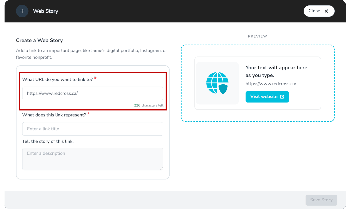 Entrer le lien de l'histoire web