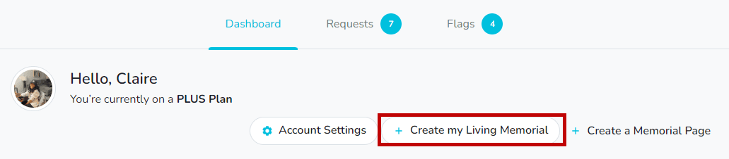 Create My Living Memorial button on the dashboard