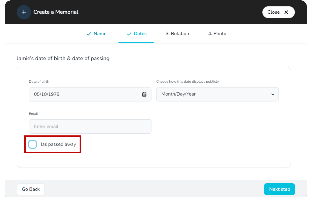 Optional email field when creating a living memorial