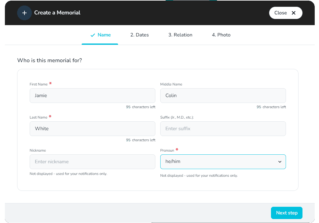 Fields for name and pronouns