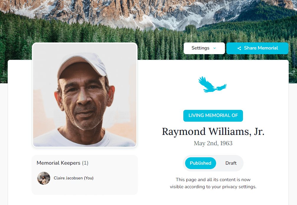 Page de Mémorial de son Vivant créée prête pour les contributions