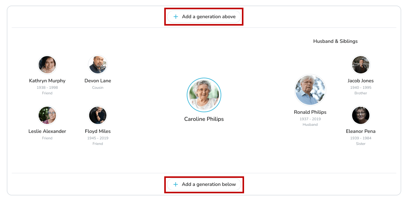 Options to add generations above or below in Loved Ones