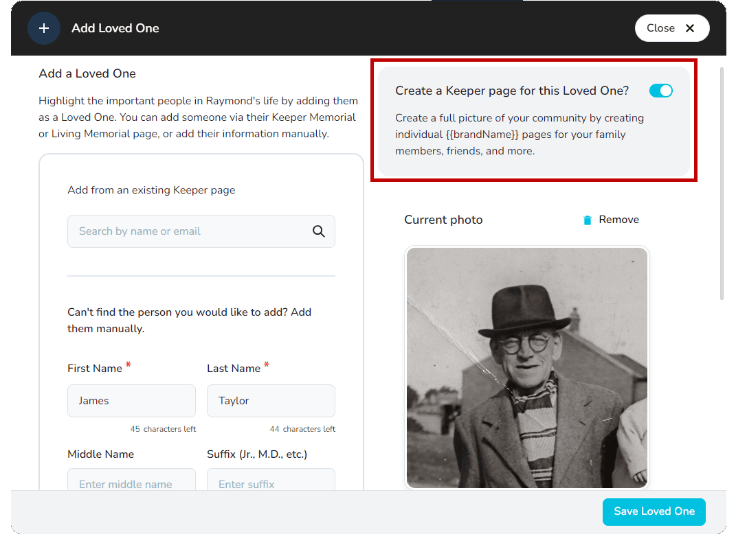 Keeper Plus toggle to create a memorial page