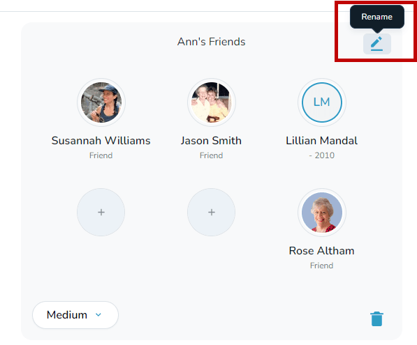 Pencil icon for naming a Loved Ones group