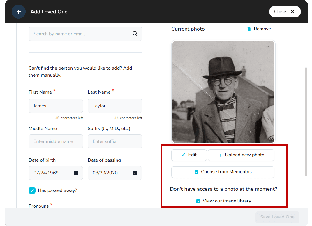 Photo options for loved ones