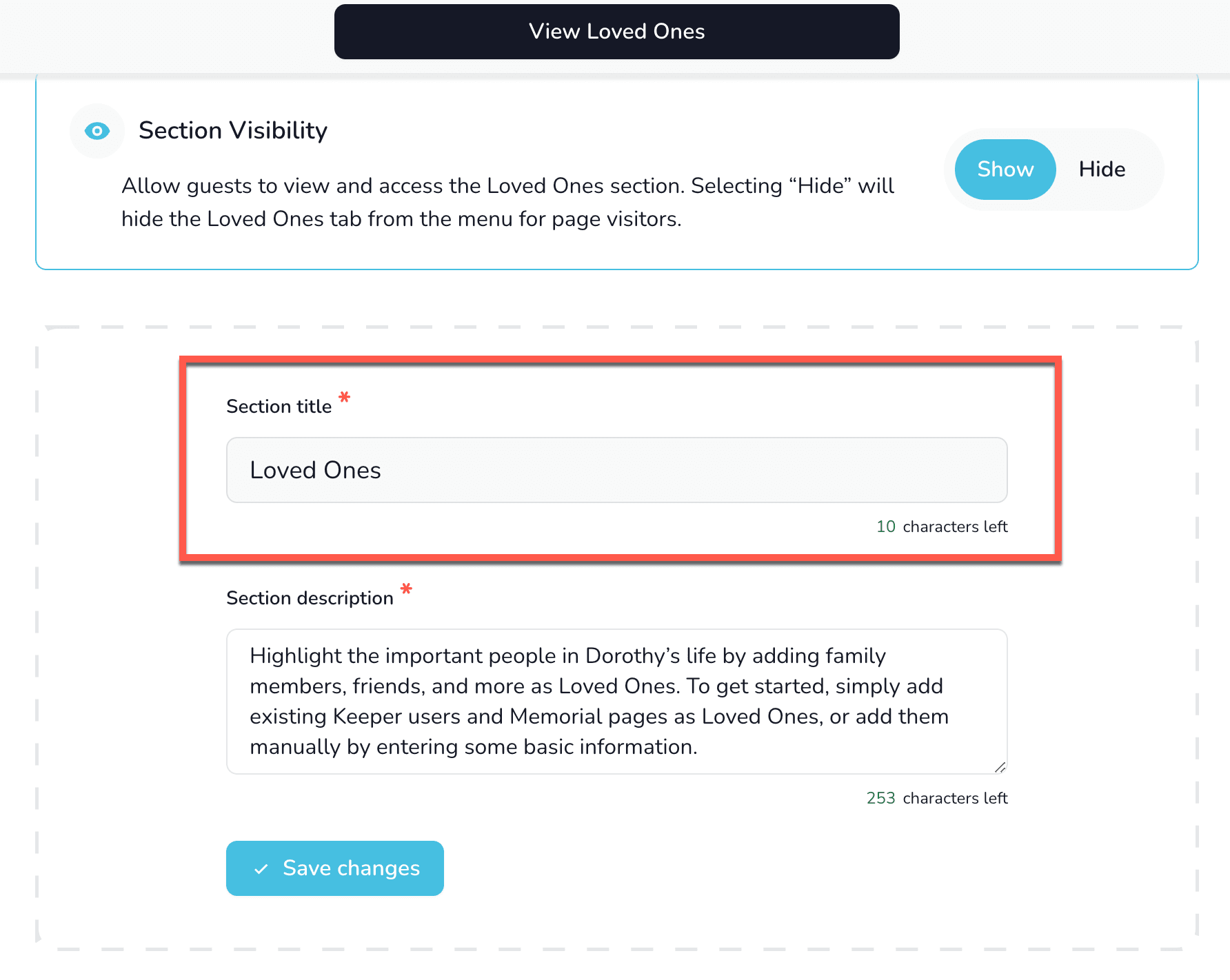 Champ de titre de section pour renommer l'onglet
