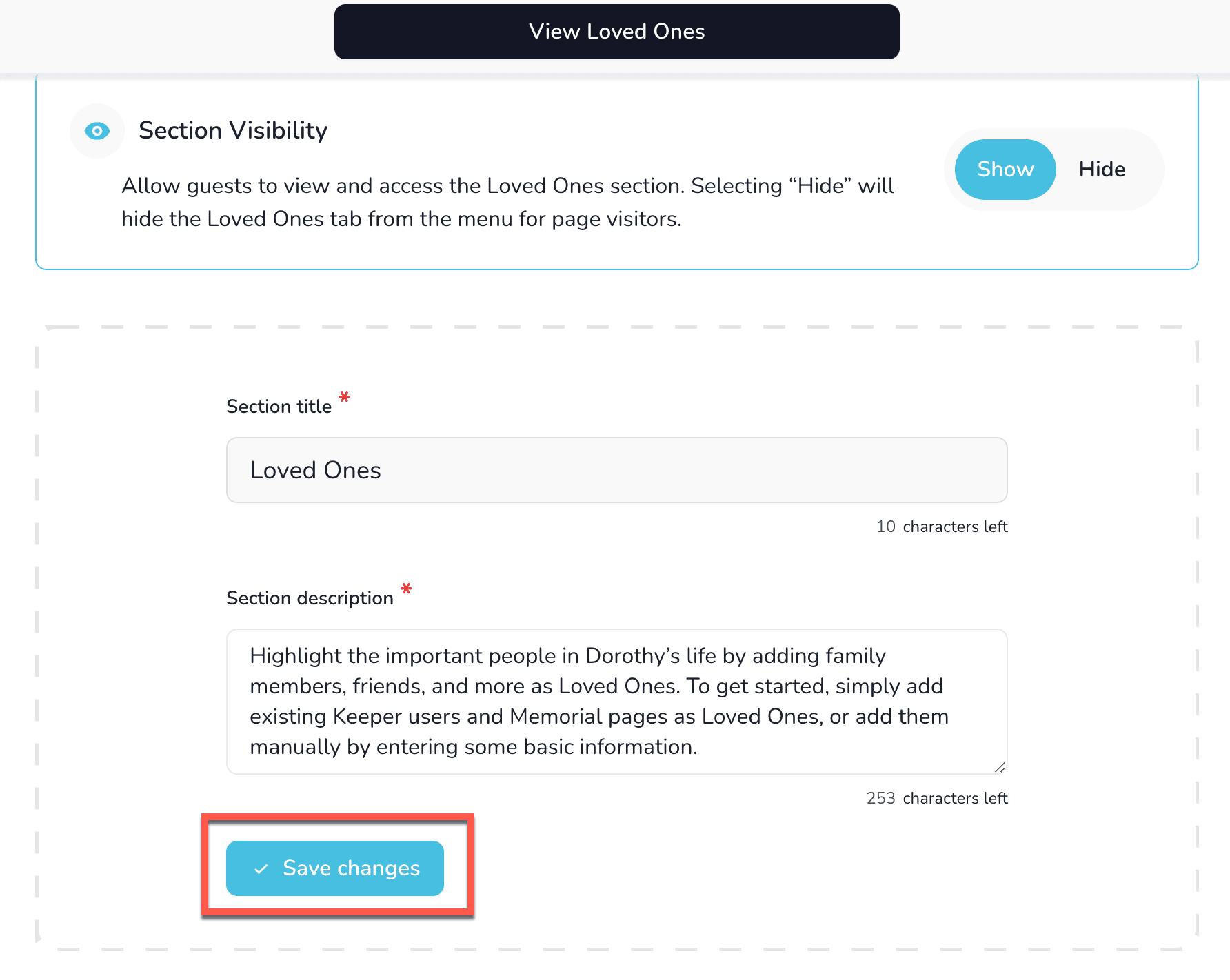 Loved Ones tab showing the new title