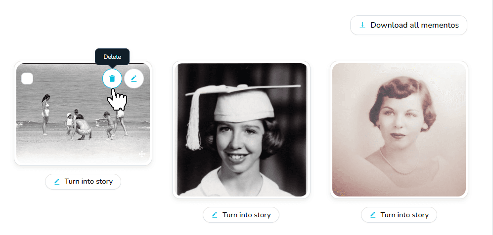 Icône de suppression sur un souvenir