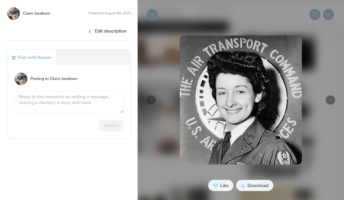Vue détaillée d'un souvenir avec options de modification