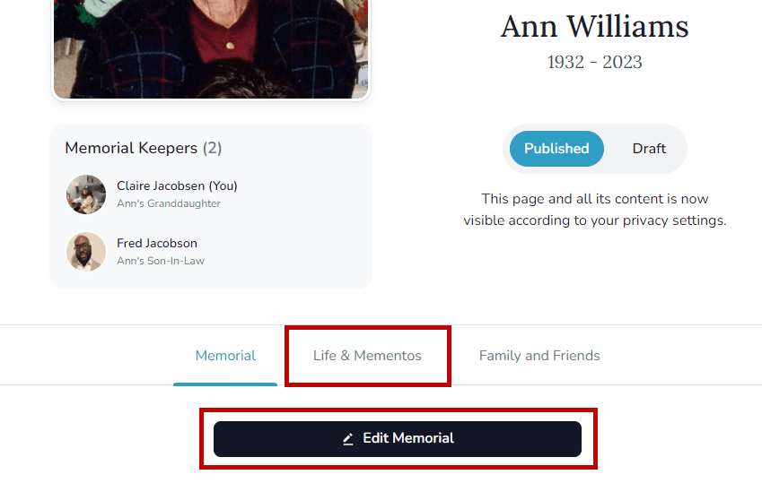 Edit Life & Mementos button