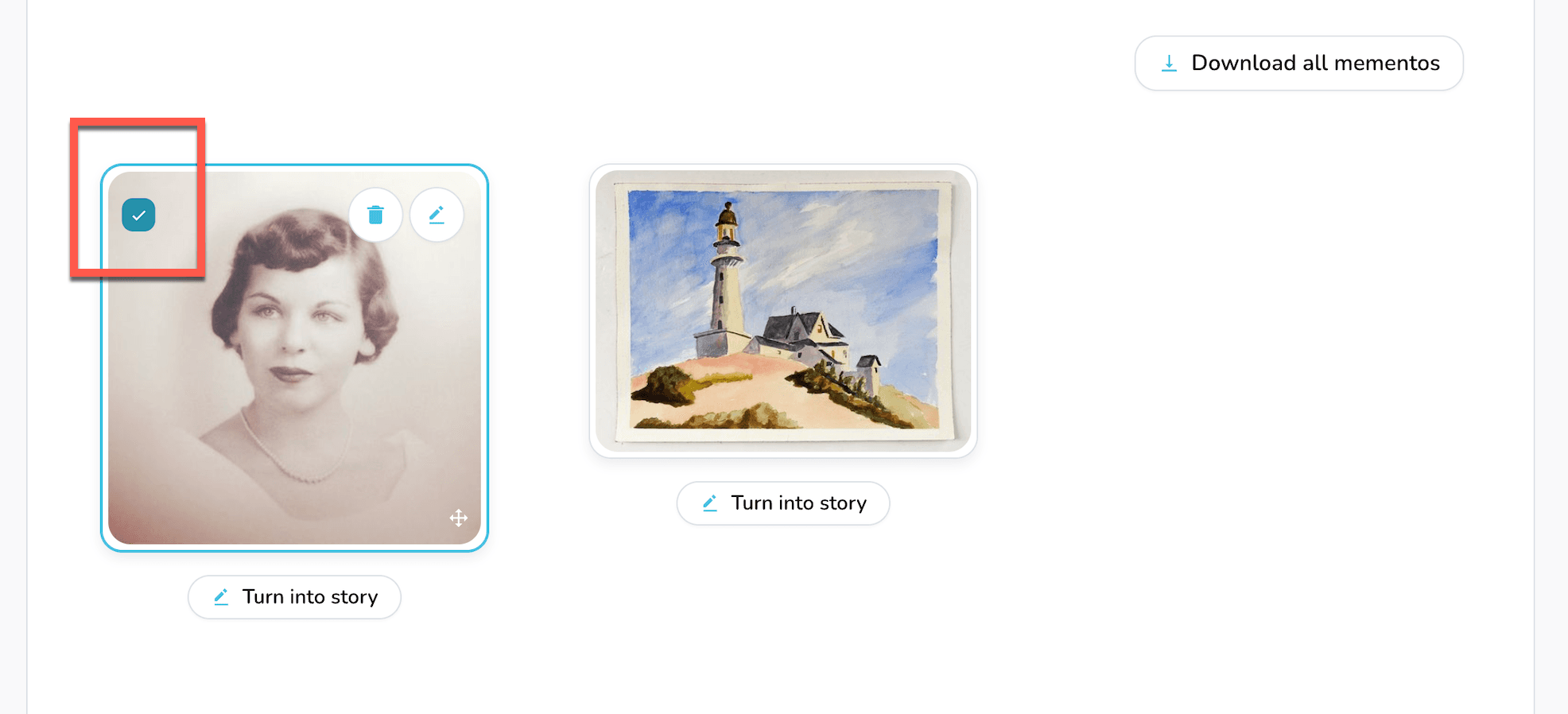 Selecting mementos for an album