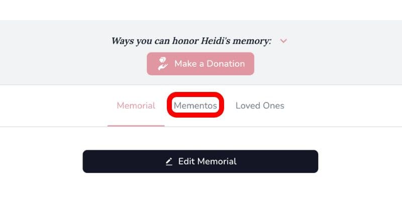 Mementos tab on a memorial