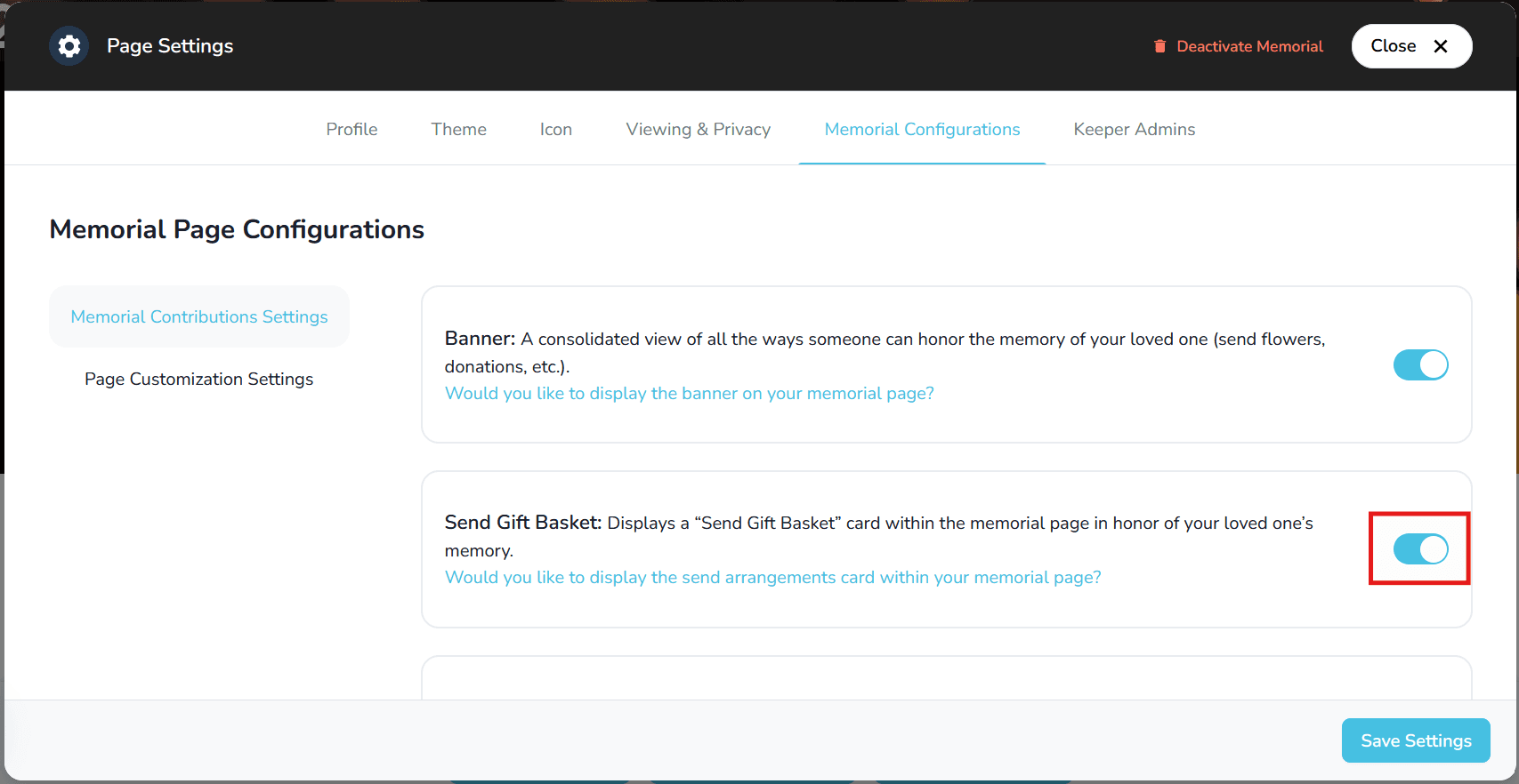 Memorial configuration toggles