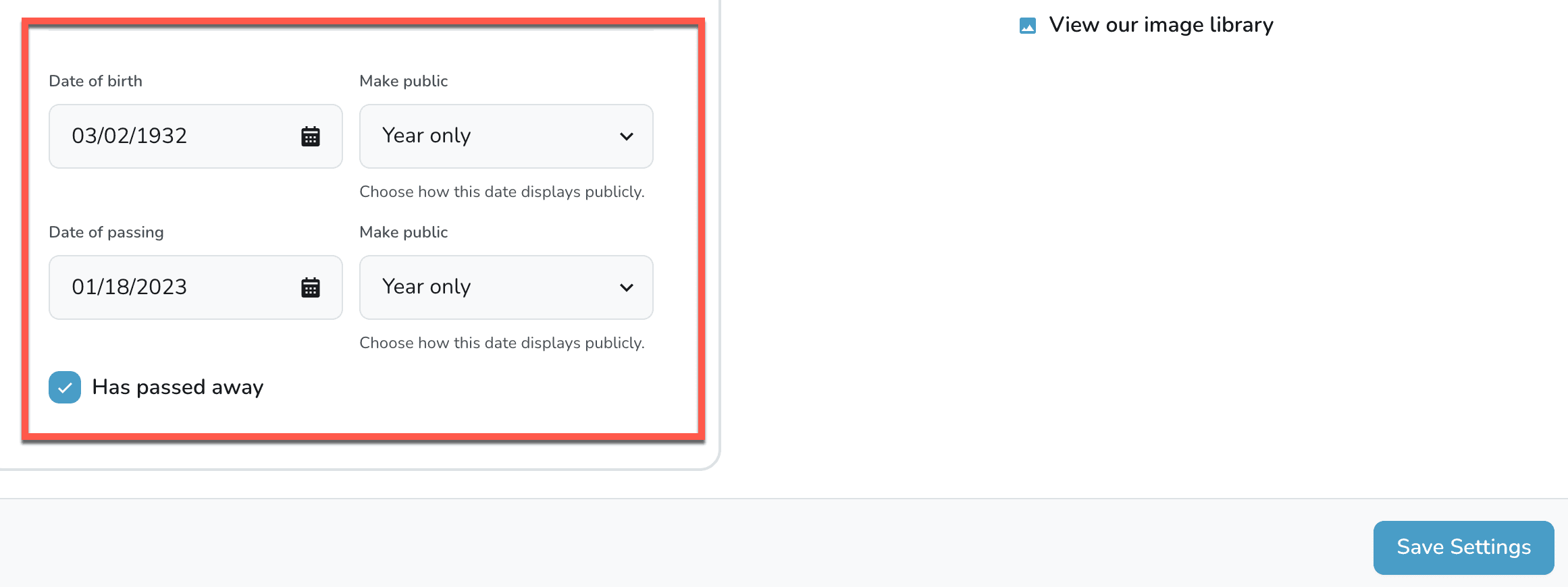 Form fields for editing birth and passing dates
