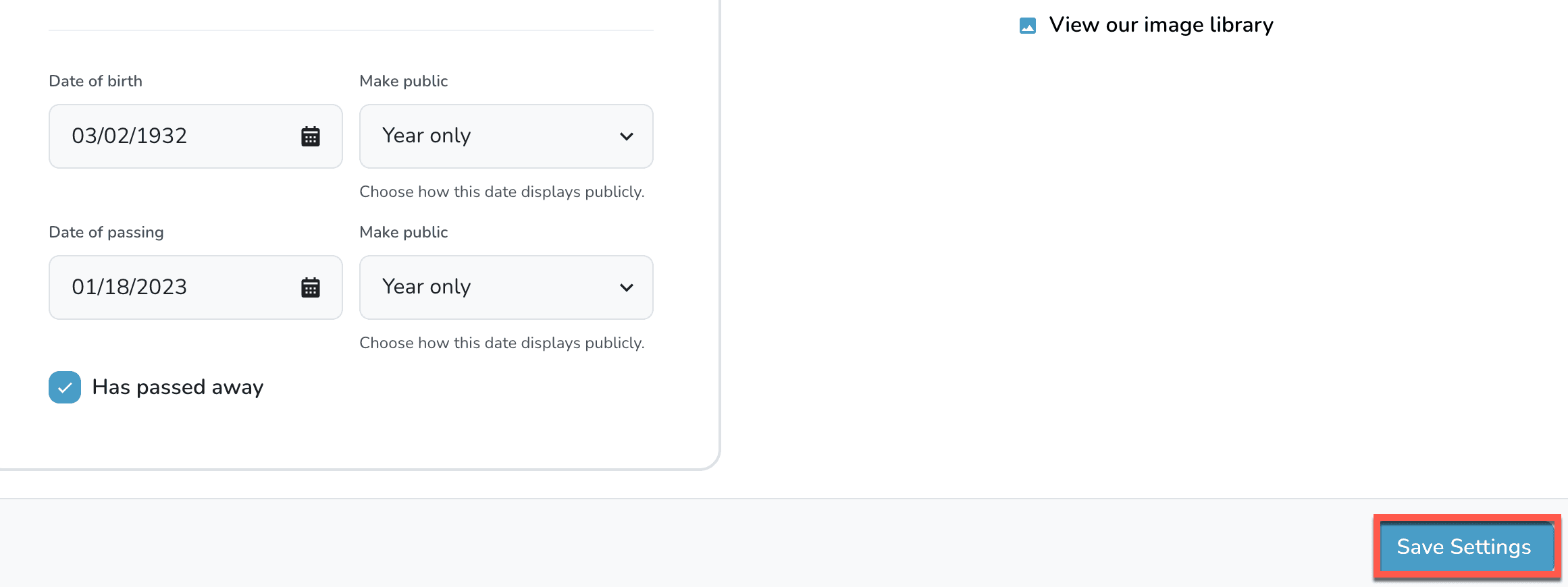 Save Settings button in the memorial settings panel