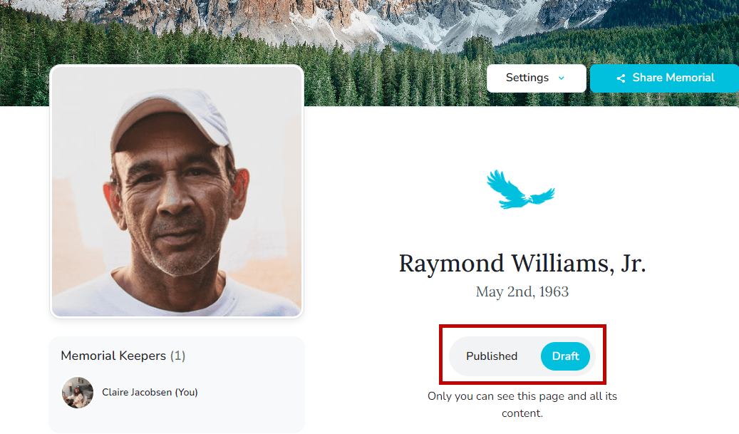 Draft toggle for hiding the memorial page