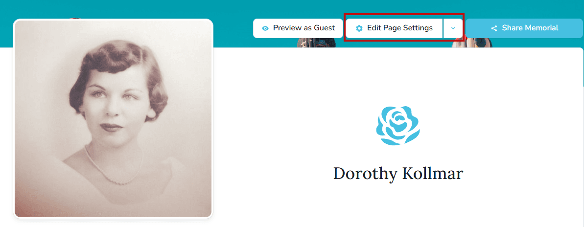 Bouton Modifier les paramètres de la page sur un mémorial