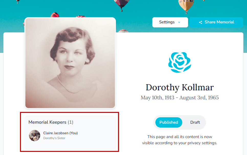 Memorial Keepers button on the memorial profile card