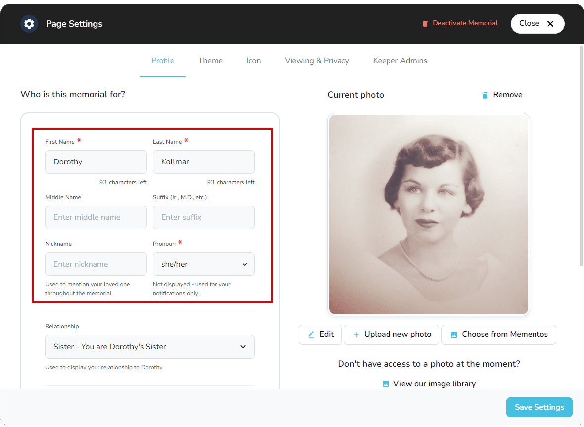 Form fields for editing the memorial name