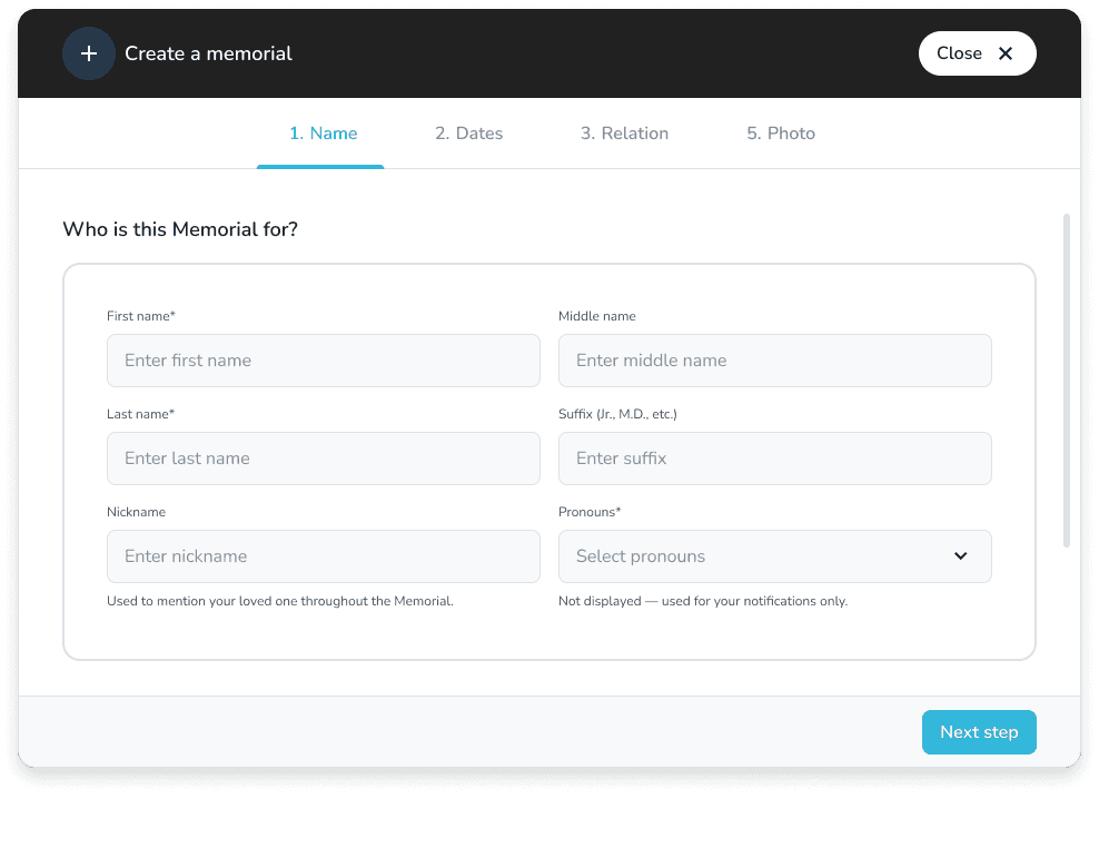 Profile settings fields for a new memorial page