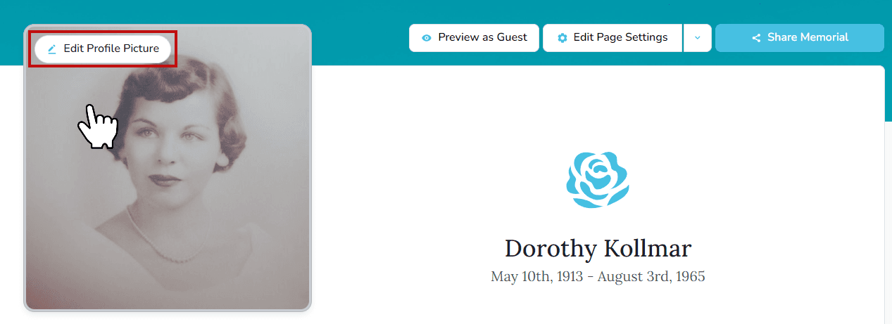 Edit Profile Picture option on the memorial avatar
