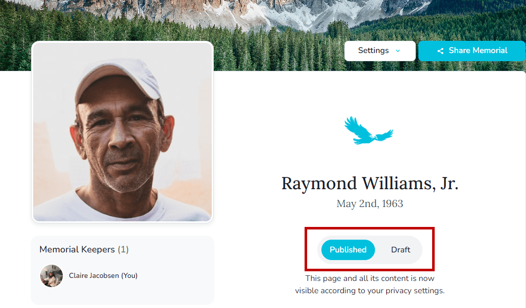 Published toggle for sharing the memorial page