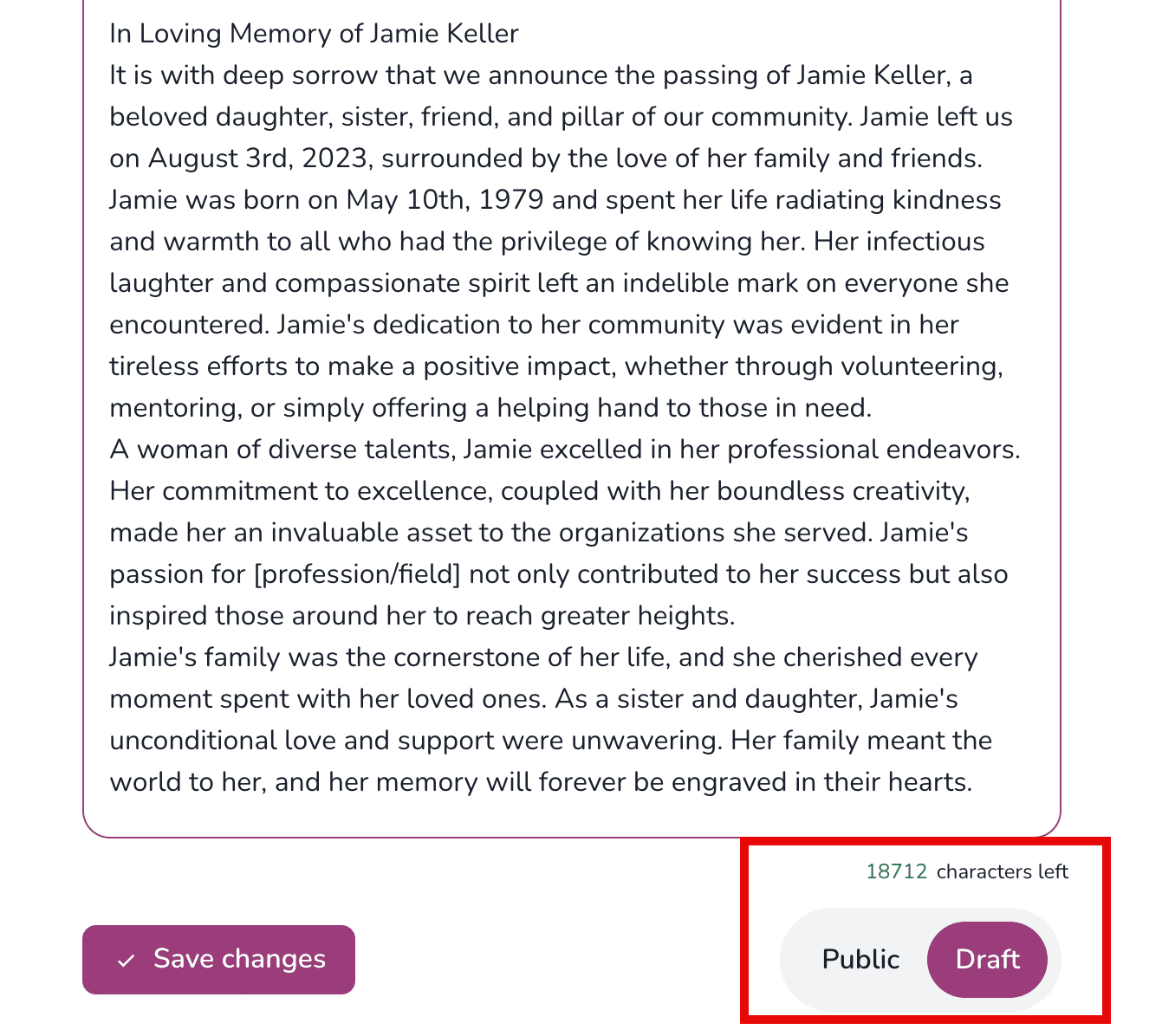 Draft toggle for obituary content