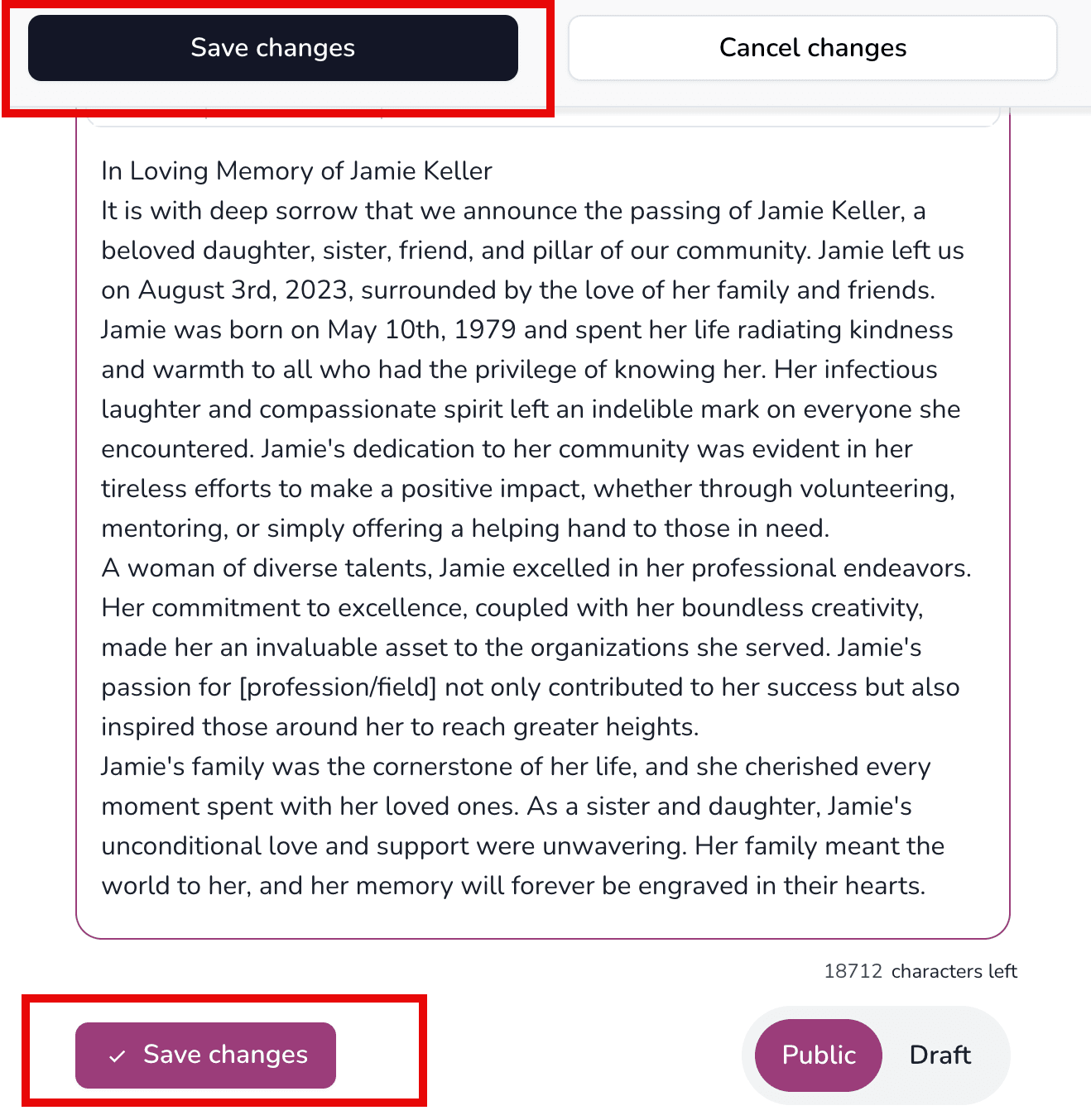 Save changes button for the memorial tab