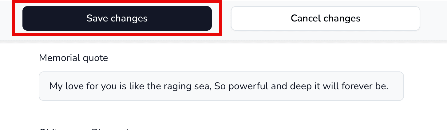 Save changes button after entering the memorial quote