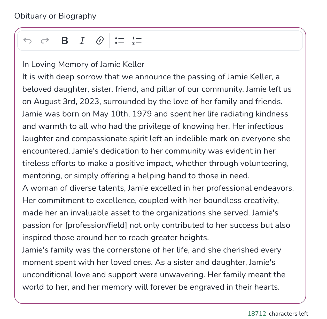 Obituary or biography text field