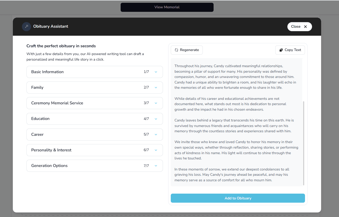 Obituary Assistant modal with guided prompts