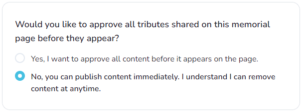 Toggle to approve memorial content before it publishes