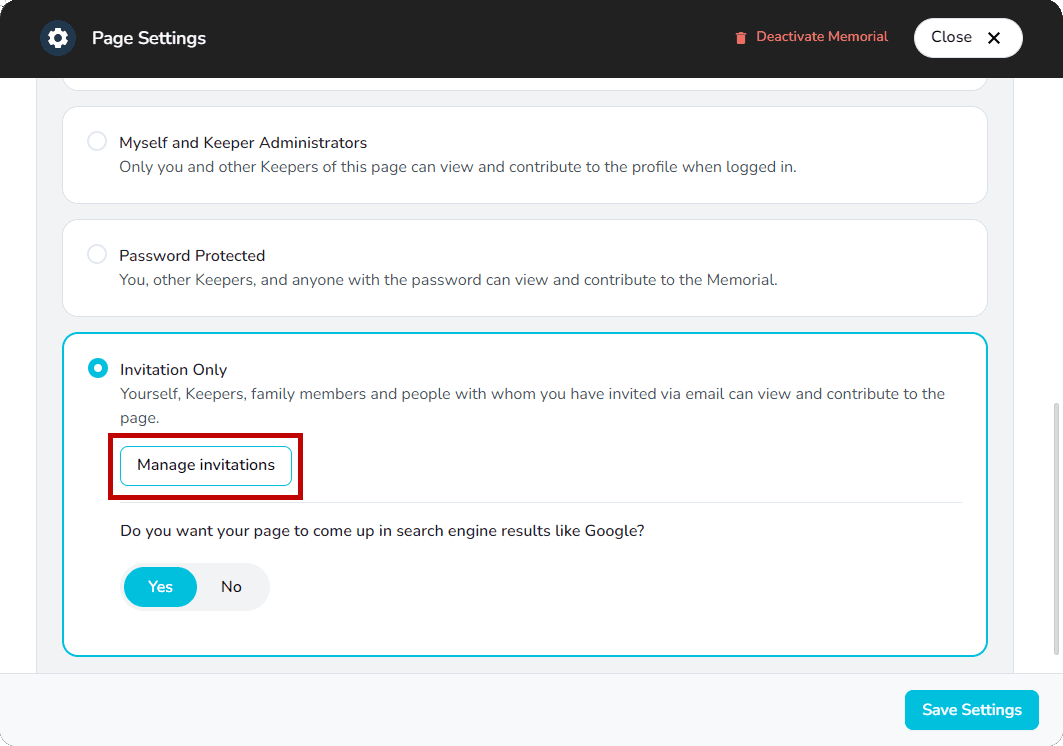 Manage Invitations option